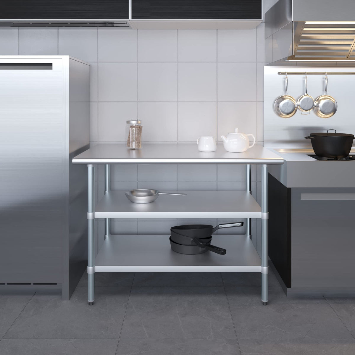 Stainless Steel Work Table with 2 Shelves | Metal Utility Table | Commercial & Residential NSF Utility (Stainless Steel Table with 2 Shelves, 48" Long x 30" Deep)