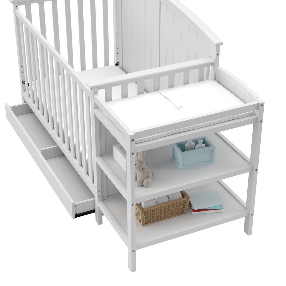 Storkcraft Steveston 5-in-1 Convertible Crib & Changer – GREENGUARD Gold Certified, Fits Standard Crib Mattress, Converts to Toddler Bed and Full Bed, 4 Adjustable Mattress Heights (White)