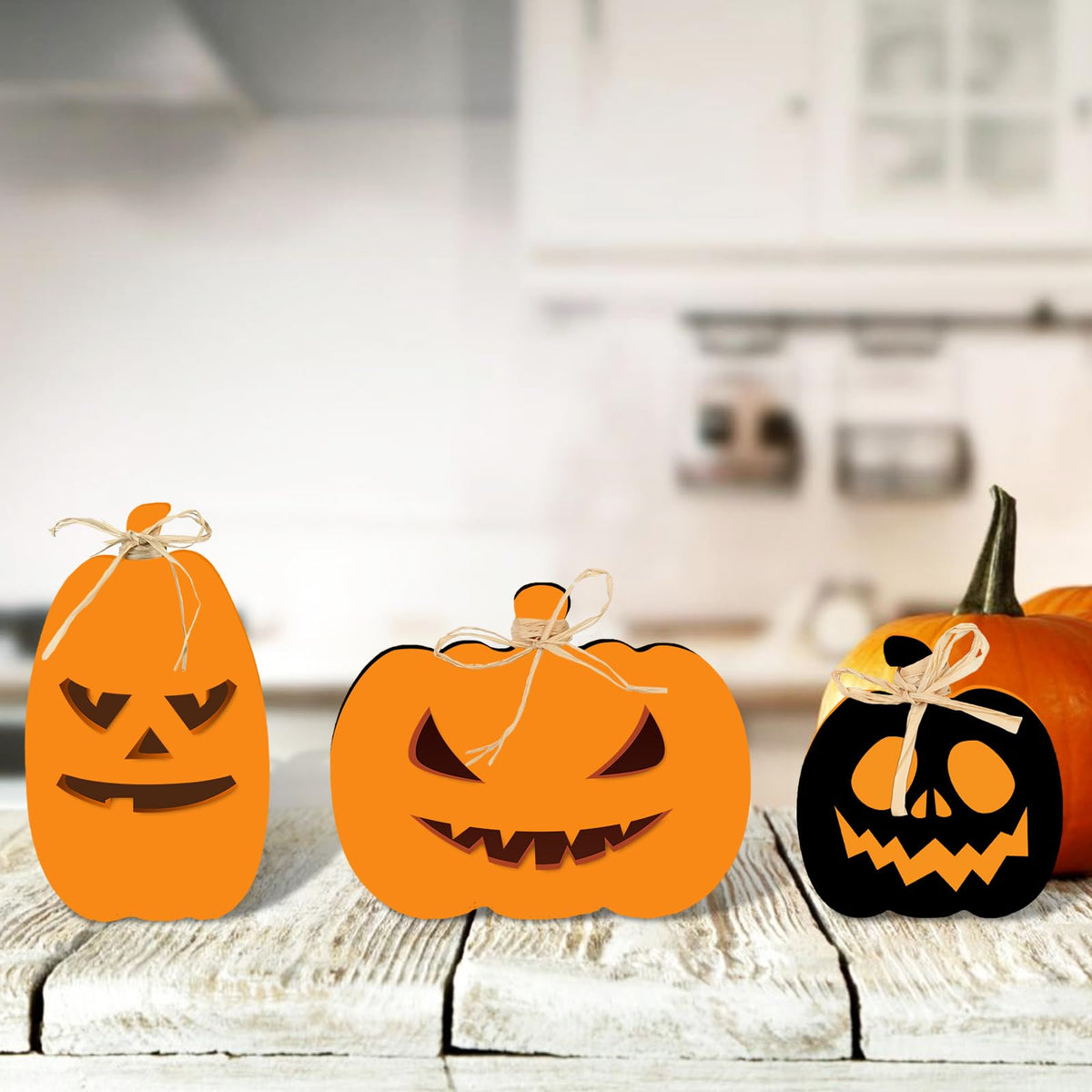 Whaline 3Pcs Unfinished Fall Pumpkin Wooden Cutout with Natural Raffia Pumpkin Shaped Tiered Tray Decor Pumpkin Wooden Table Sign for Autumn Thanksgiving Halloween Home Office Table Decor DIY Crafts