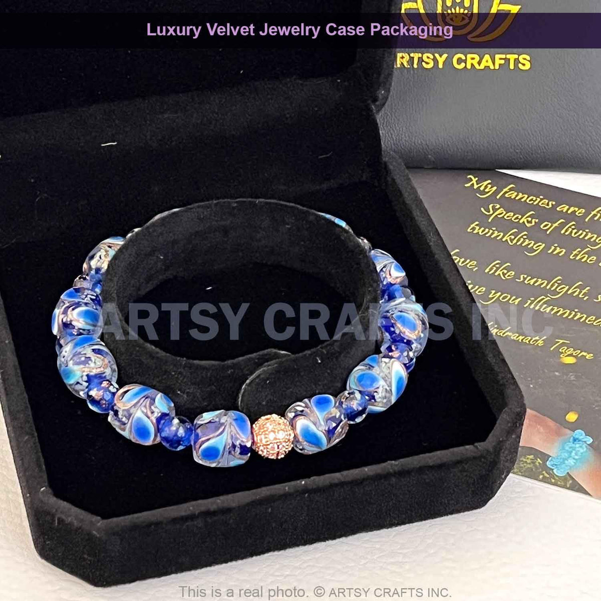 ARTSY CRAFTS INC Peacock Feather Glow in the Dark Firefly Bead Bracelet, Luminous Murano Jewelry Glowing Beaded Bracelet, Stretchy Wristband, Sapphire 6-7"