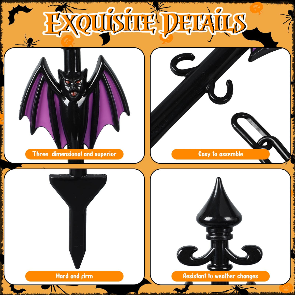 Vercraft 10 Pack Halloween Fence for Garden Outdoor Halloween Yard Decorations Lawn Stake with Connecting Chain Spooky Cemetery Decor for Outdoor Yard Graveyard Pathway Haunted House Party(Bat)