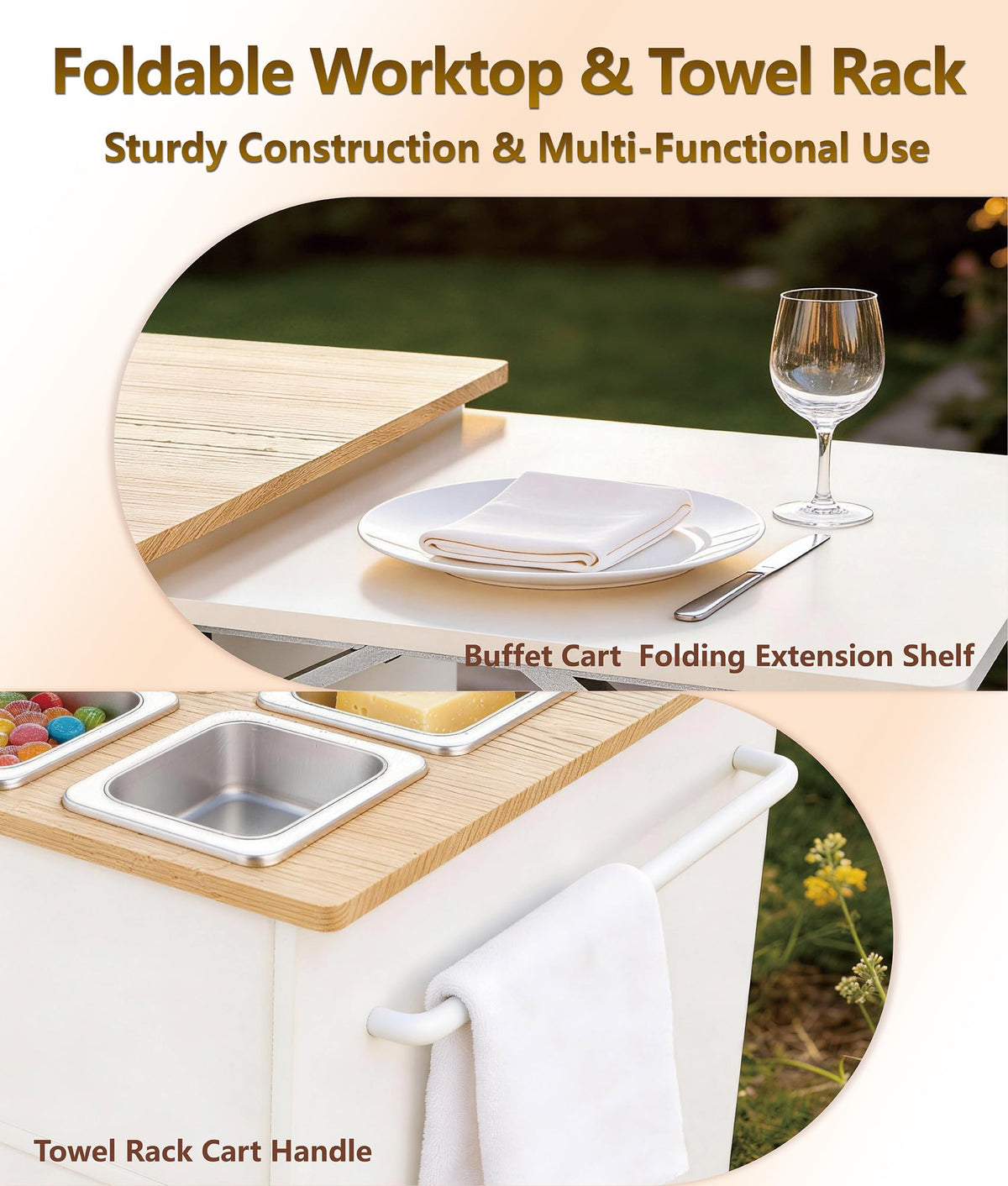 Charcuterie Cart with 12 Stainless Steel Food Pans & Large Storage Space, Mobile Wooden Buffet Cart with Foldable Prep Surface, Pizza Topping & Salad Bar Station, Kitchen Island Includes for Party