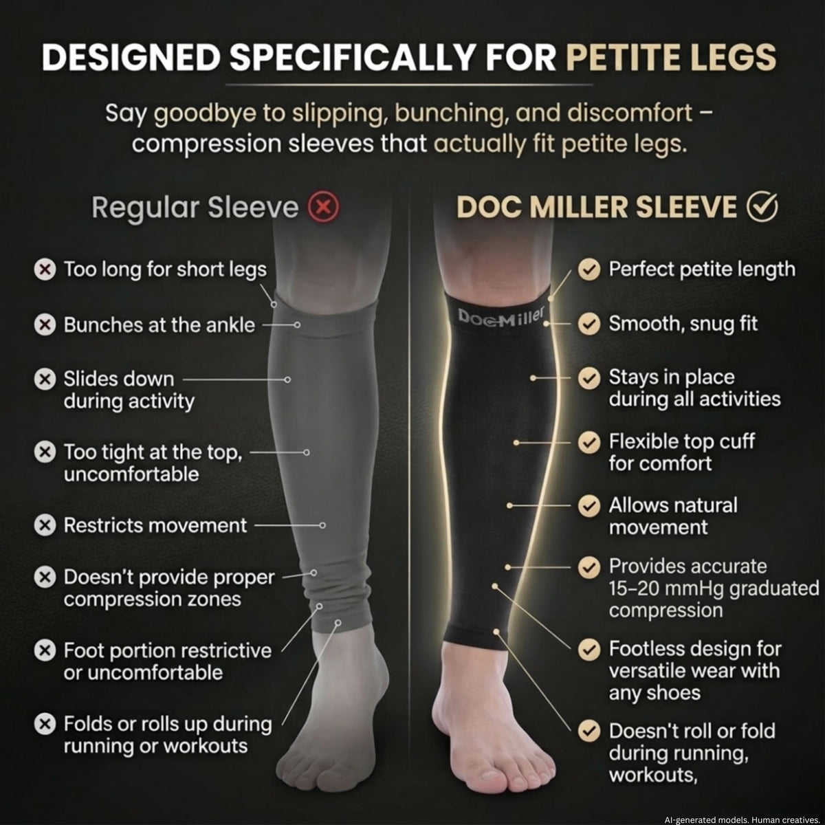 Doc Miller Calf Compression Sleeve for Petite Women & Men, 15-20 mmHg, Footless Leg Sleeve Brace for Varicose Veins, Pregnancy, Running & Cycling, Knee-High, Shin Splints, Recovery, 1 Pair