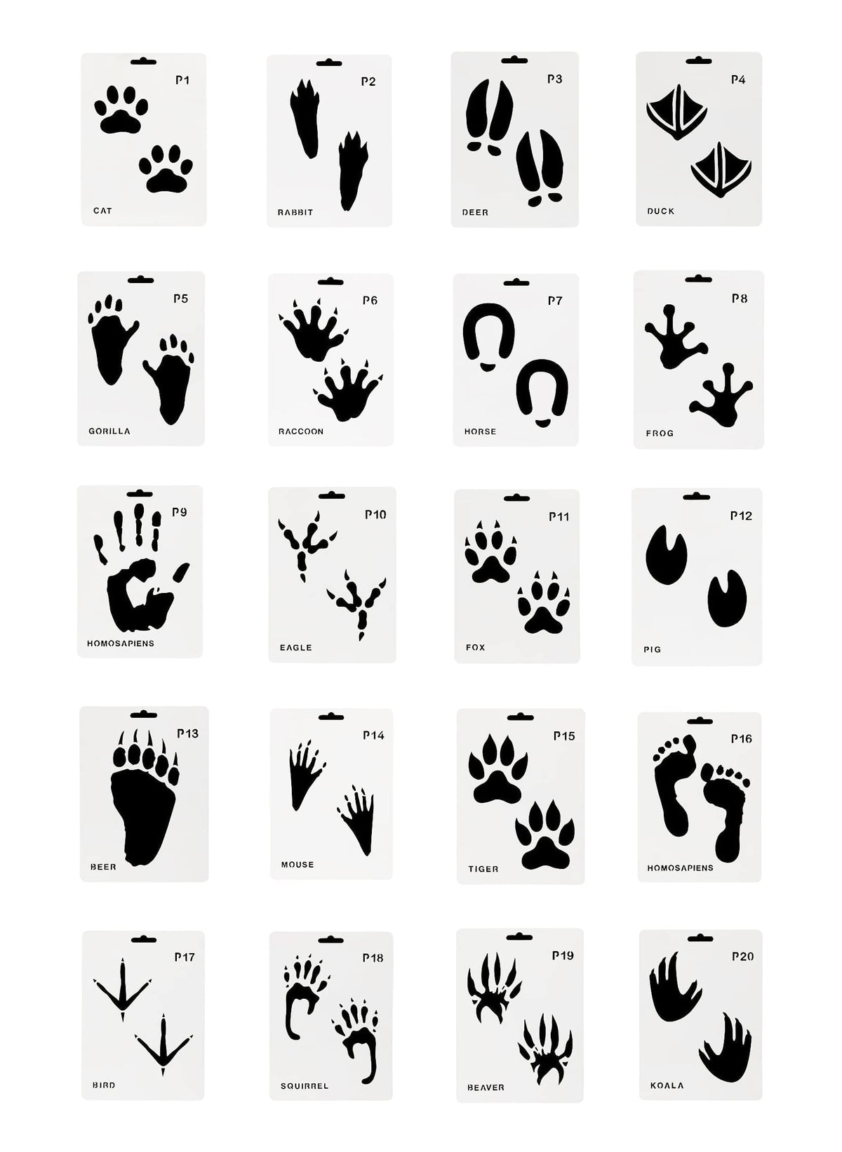 Sowaka 20 Pcs Animal Footprint Stencils Plastic Reusable Painting Templates for Painting on Wood Walls Art Craft Scrapbooking Journal Drawing Home Decoration Christmas Halloween