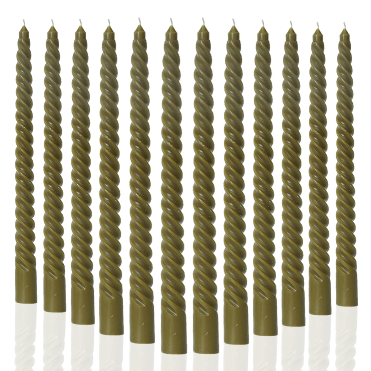 MAITREYA Olive Green Taper Candles Stick Spiral Twisted Candles-Set of 12 for Decoration Weddings Party Church-Unscented Dripless Candles,10inch(F-Olive)