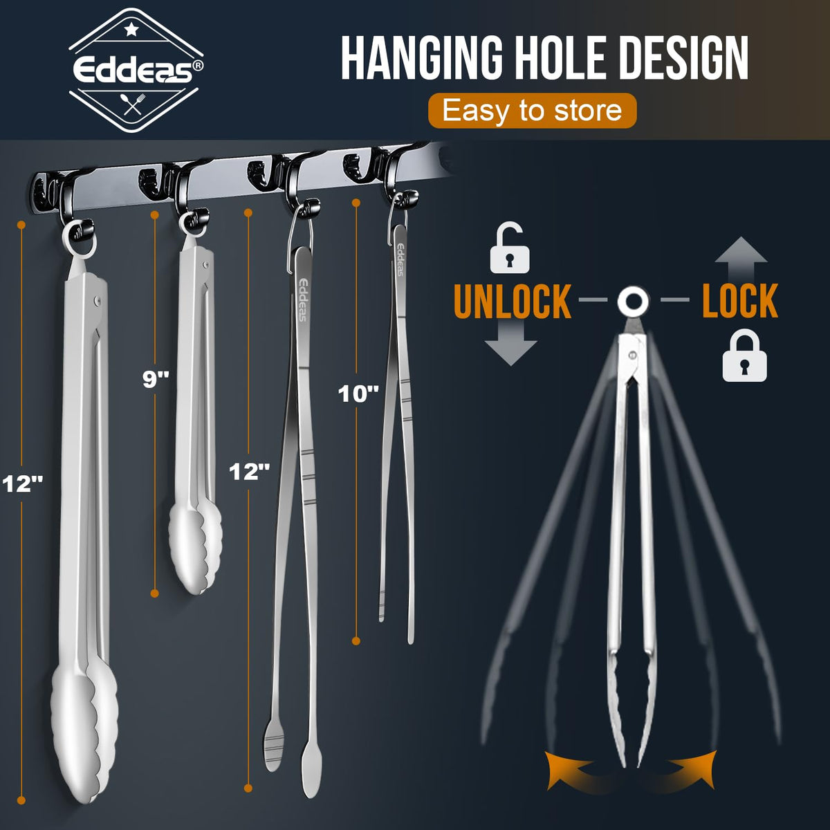Eddeas Tongs For Cooking - Heat Resistant 600 Degrees, All Metal Kitchen Tweezers Tongs, Heavy Duty Stainless Steel Cooking for Food, Grill, BBQ, Dishwasher safe Set of 4 (12" & 9in)
