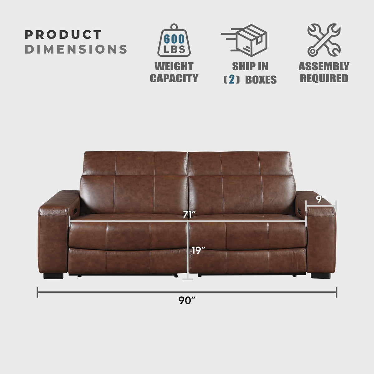Lexicon Sectional Couches for Living Room-Modular Sectional Sofa, Power Double Reclining Loveseat, Power Headrests, Charging Ports, 2 Seater Recliner Couch, Top Grain Leather Brown