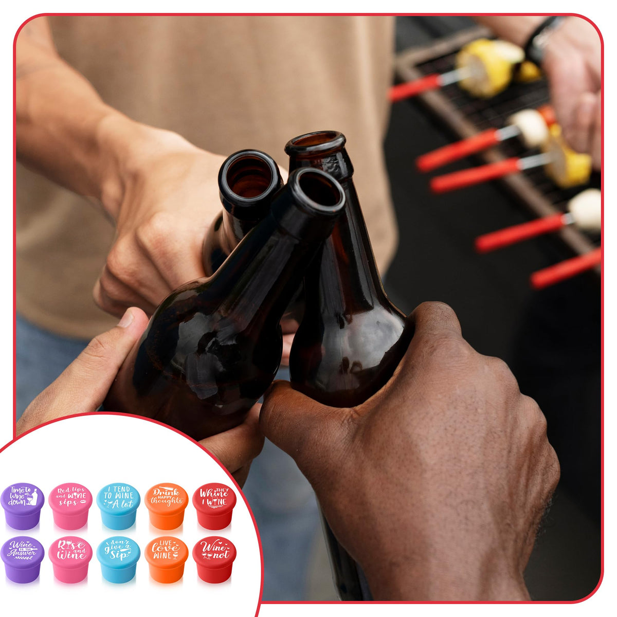 GROBRO7 10Pcs Wine Stoppers Set Funny Live Love Wine Pattern Silicone Bottle Covers Gift for Women, Reusable Beverage Corks Strong Sealing Liquor Accessories for Outdoor Picnic Barbecues Party Bars