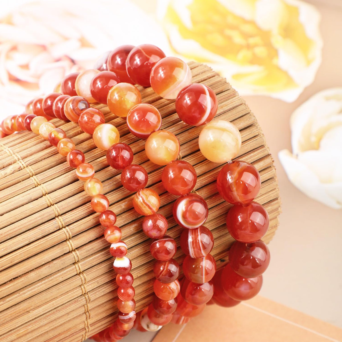 AD Beads 10mm Handmade Red Stripe Agate Elastic Bracelet – Natural Gemstone for Confidence – Meditation, Yoga, Healing and Energy Gift for Men Women