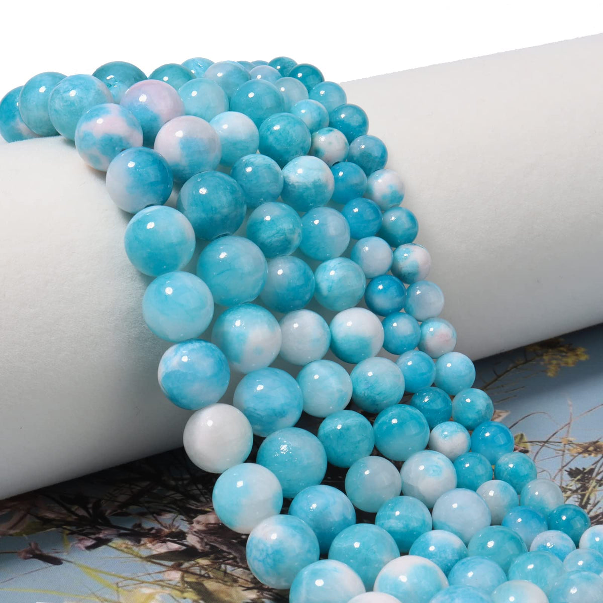 60pcs 6mm Natural Blue White Persian Jade Gemstone Beads Energy Healing Crystal Round Loose Stone Beads for Jewelry Making, DIY Bracelets Necklaces