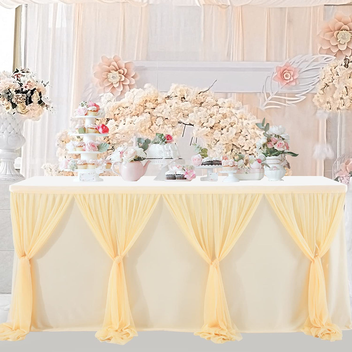 6ft Champagne Table Skirt for Rectangle Tables or Round Tables Champagne Tutu Tulle Table Skirt Cloth for Wedding Baby Shower Birthday Party Dessert Buffet Banquet Decorations