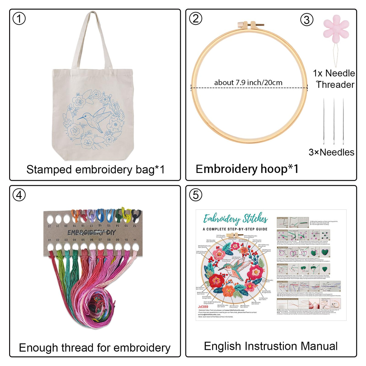 Louise Maelys Hummingbird Canvas Tote Bag Embroidery Kit for Beginners,Cross Stitch Kits for Adults, Arts Crafts Needlepoint Women Shopping Reusable Grocery Bags