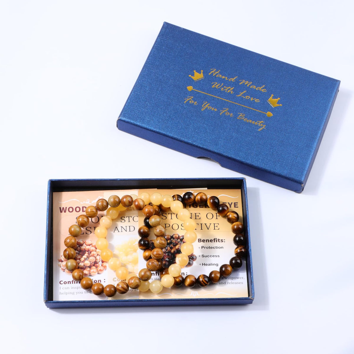 NCB 3-Piece 8mm Natural Crystal Gemstone Stretch Bracelets – ﻿Woodgrain Jasper, Yellow Jade, Yellow Tiger's Eye Handmade Reiki Energy Healing Jewelry for Meditation,Yoga, Unisex