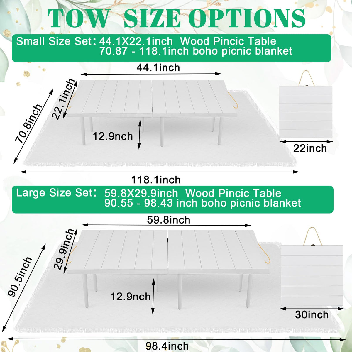 Hahafelt 2 Set Low Picnic Table, Foldable Boho Picnic Table with Extra Large Outdoor Camping Blanket Portable Boho Wood BBQ Tables for Camping Wedding Beach BBQ Party (44.1''x22.1''x12.9'',White)