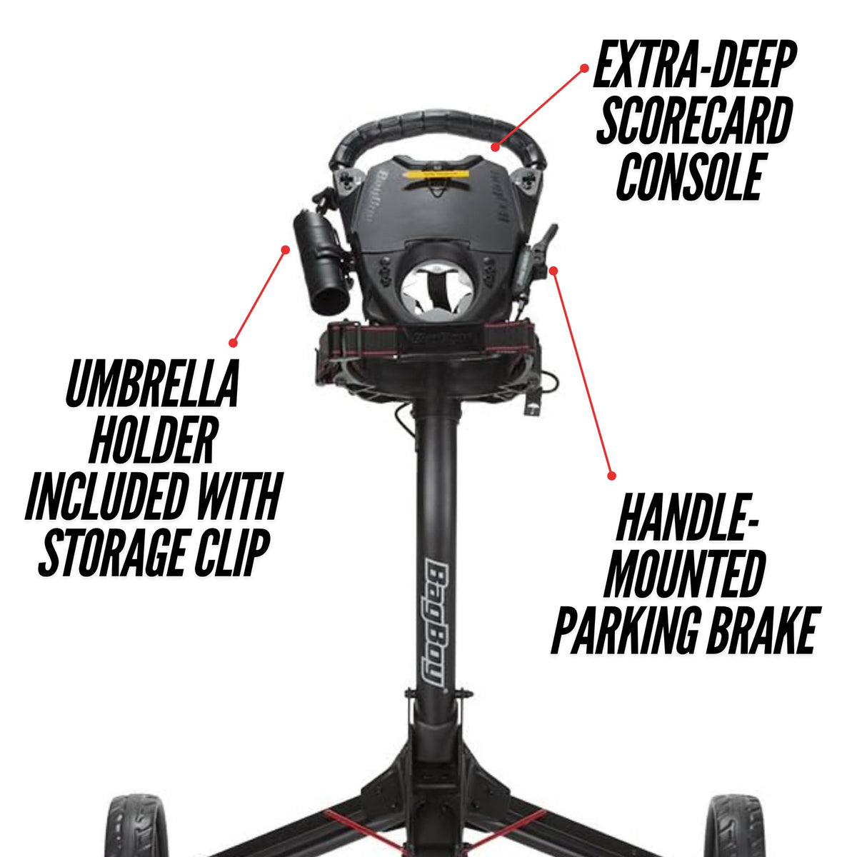 Bag Boy Compact 3, Three Wheel Golf Push Cart, Easy Three-Step Open & Close, Scorecard Console, Beverage Holder, Mobile Device Holder, Handle Mounted Parking Brake