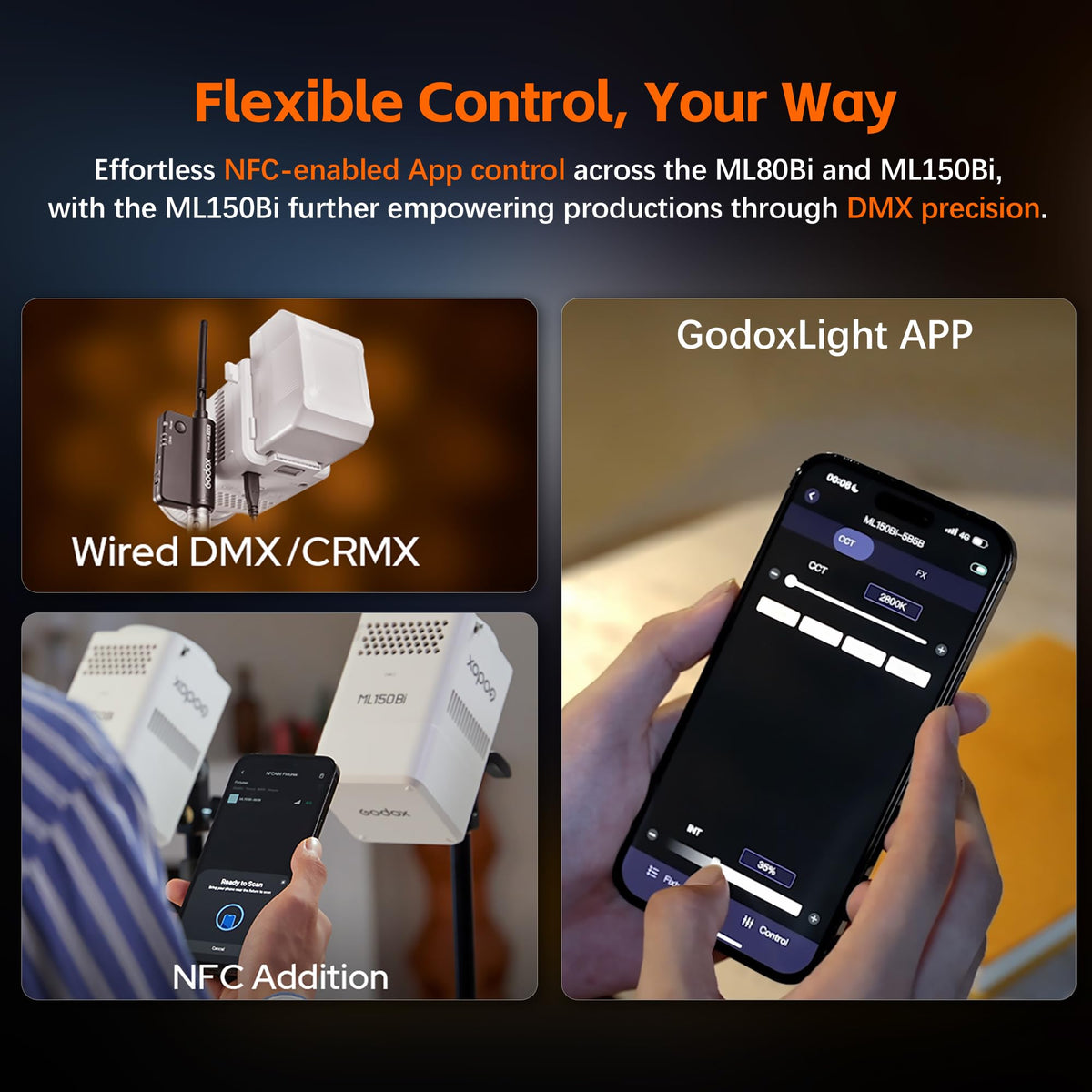 GODOX ML80BI LED Video Light with Battery,BI-Color 2800K-6500K,Portable Handheld Mini Led Photo Monolight,CRI 96+ TLCI 97+,29600Lux@1m,Support NFC&APP, for Photographers,Filmmakers,Studios