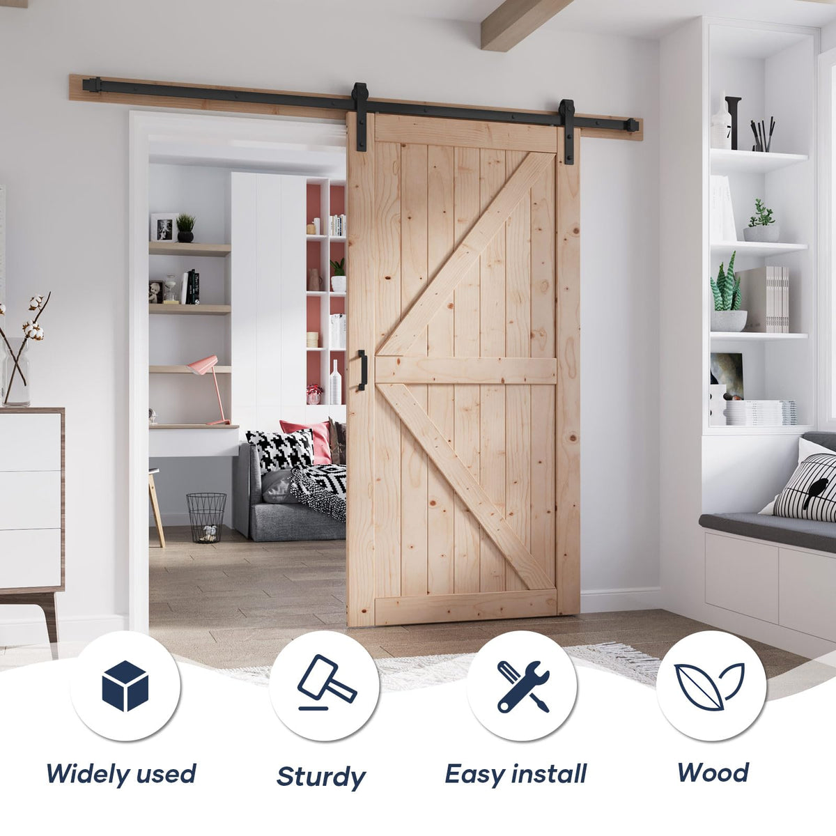FREDBECK 40in x 84in Wood Barn Door with 7FT Barn Door Hardware Kit Included K Shape Solid Spruce Panel Need to Assembly