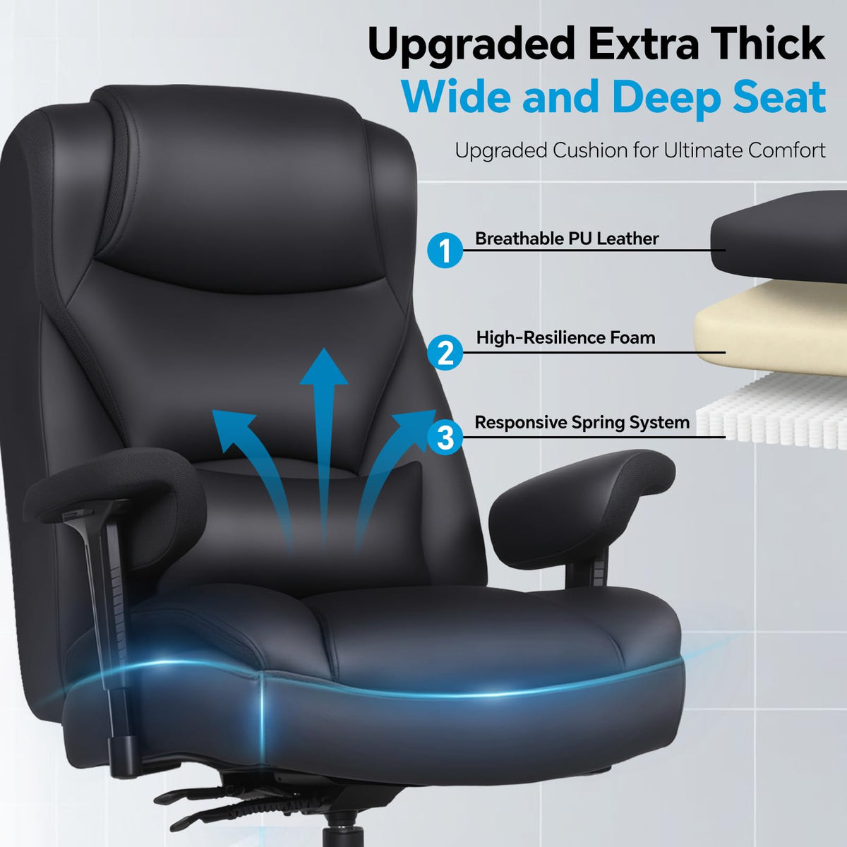 Big and Tall Office Chair - 650LBS Ergonomic Desk Chair, Leather High Back Executive Office Chairs, Plus Size High Back Desk Chair with Thick Cushion & Wide Seat, Heavy Duty Computer Gaming Chair