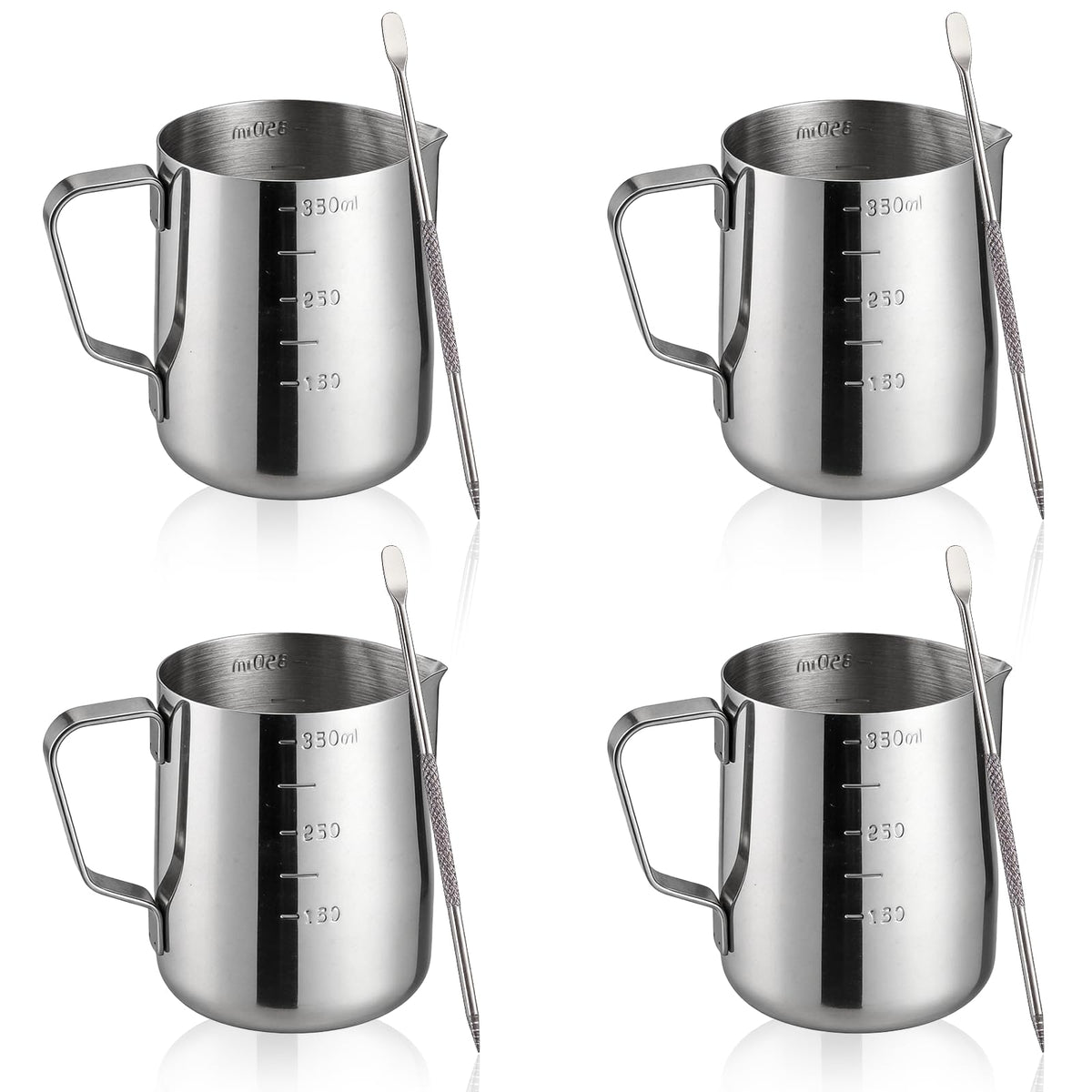 4 Pcs Stainless Steel Espresso Milk Frothing Pitcher Set with Latte Art Pen, 12 oz Milk Frother Cup, Frothing Cup for Cappuccino, Latte, Home & Cafe Use