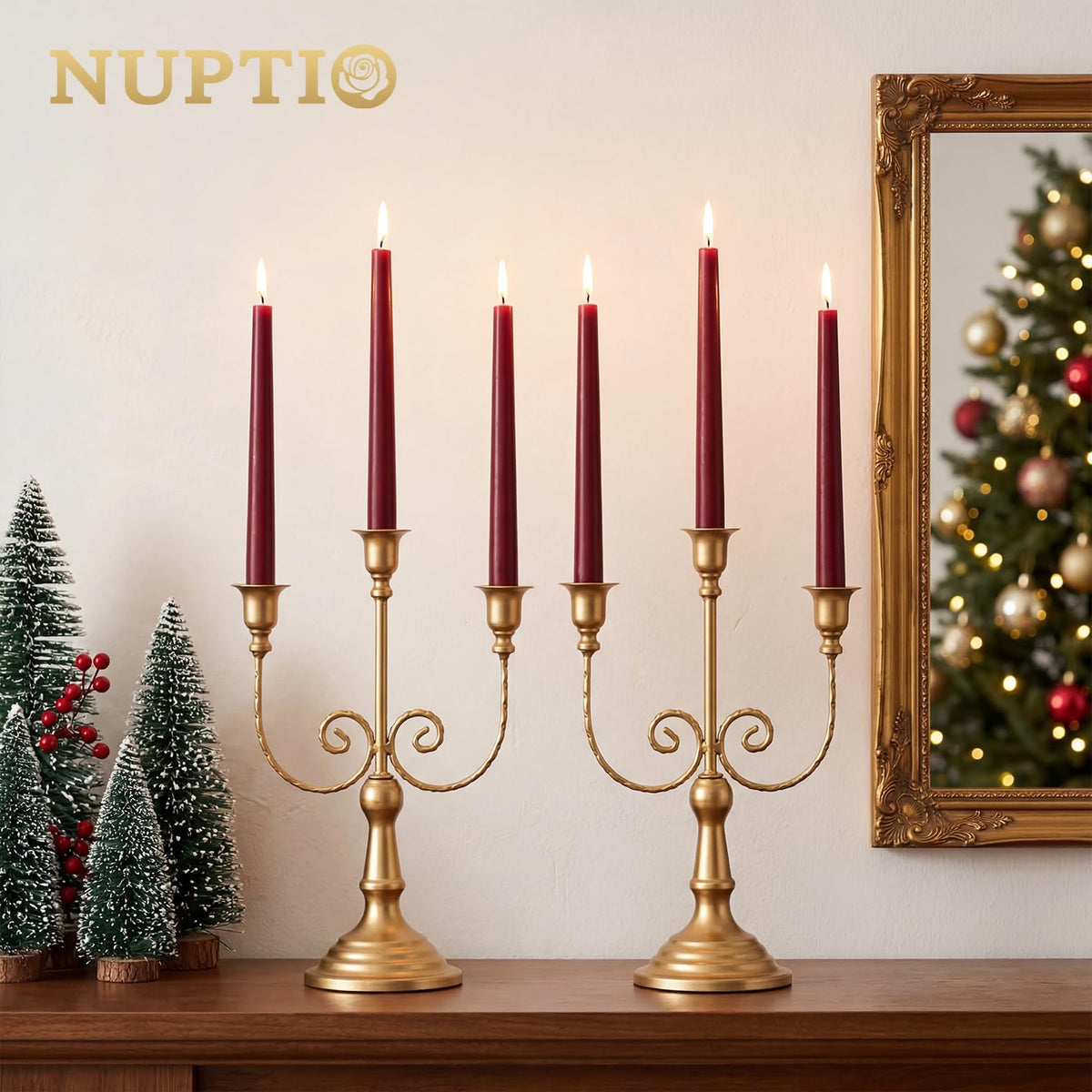 NUPTIO Candlestick Holders Candelabras Gold Candle Stick Stands 2 Pcs Metal Candelabra Centerpieces Candlestick Holders for Tapered Candles Wedding Birthday Party Dining Table Christmas Decoration 11"