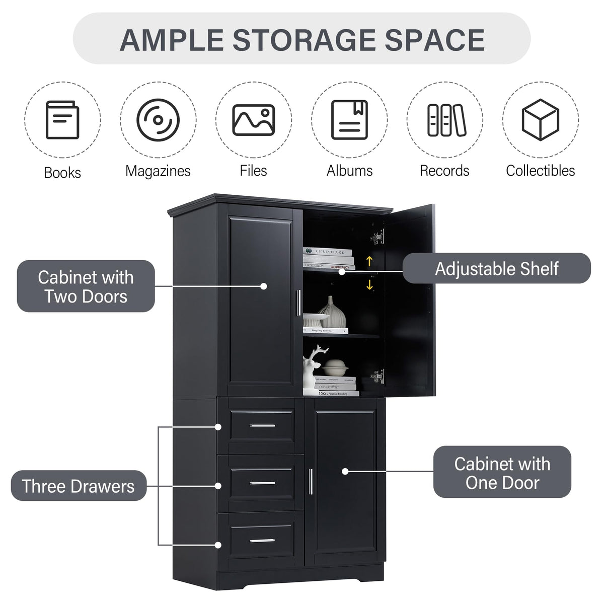 62.2" Wide Storage Cabinet Pantry Cupboard with Doors and Drawers for Home Kitchen, Bathroom and Living Room, Adjustable Shelf, Black