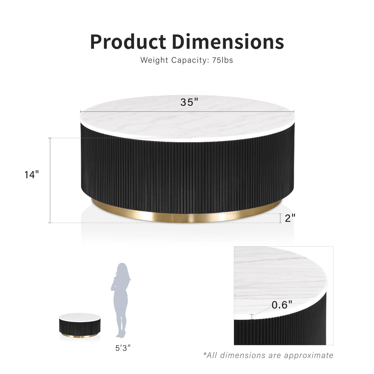 Furniture of America Beryl Modern Round White Genuine Marble Top Coffee Table with Fluted Pedestal Base and Gold Stainless Steel Accent, Low Profile Table for Living Room, Home Office, Black