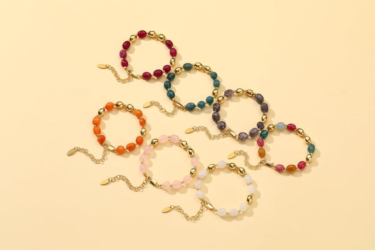 NVWAROCK Beaded Bracelet for Women, Gemstone Bracelet, 14K Gold Plated Stackable Handmade Oval Stone Bracelet Jewelry Gift - Grey