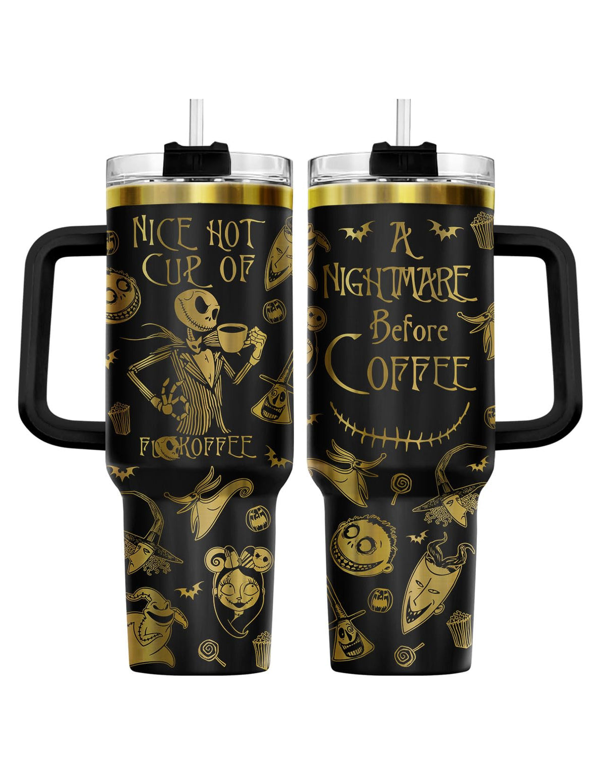 34HD Nightmare Before Coffee Tumbler 40oz with Handle and Straw, Laser Engraved Skeleton Insulated Travel Coffee Cup - Cartoon Character Gifts on Birthday for Cafe Lovers, Men & Women