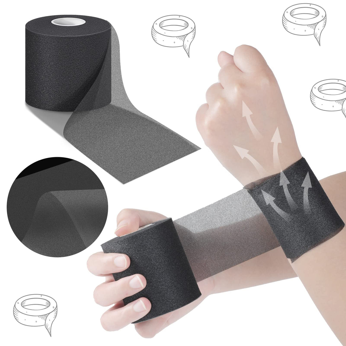 Nuanchu 24 Pieces Wrap Athletic Tape 2.75 Inches x 30 Yards Athletic Foam Underwrap Tape for Hair Soccer Sport Pre Wrap Ankles Wrists Hands and Knees(Black, Beige)