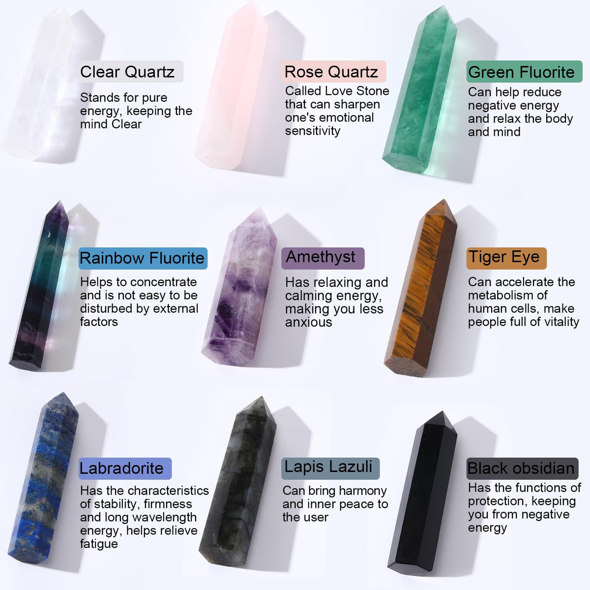 Junkin 9 Sets Healing Crystal Wand, Amethyst Rose Quartz Clear Quartz Tiger Eye Obsidian Fluorite Labradorite Lapis Lazuli for Meditation Crystal Therapy Reiki Supplies(Mixed Color,2.8-3.1 Inch)