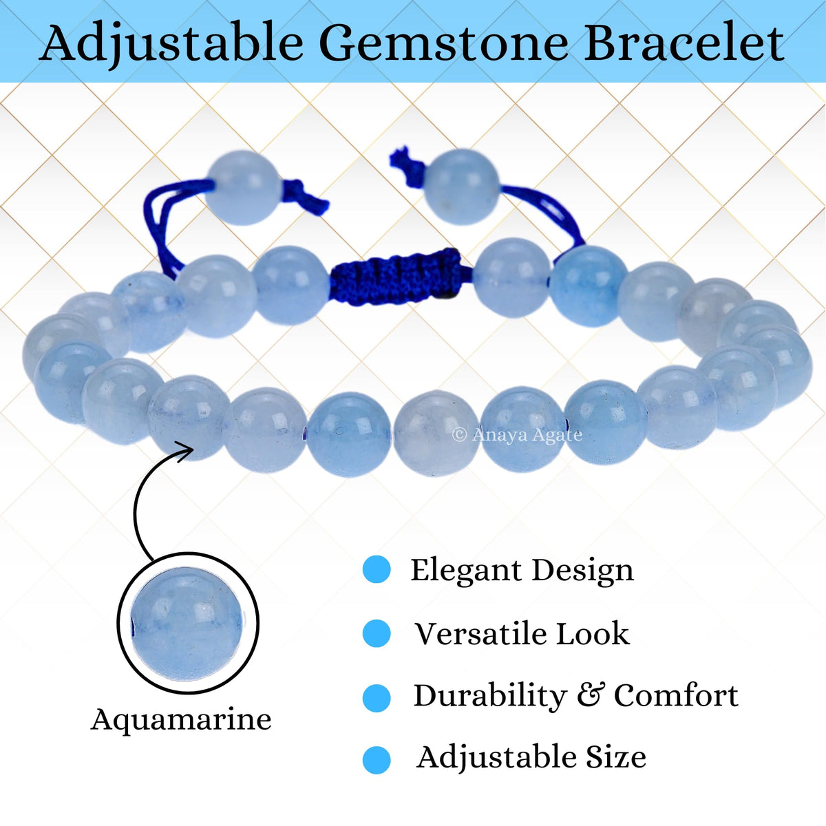 ANAYA AGATE Aquamarine Bracelet - Energy Protection Crystal Handmade Adjustable Bead Bracelet Perfect for Men, Women Christmas Gift - Gemstone Healing Stretch Bracelets Pulsera Para Hombre Mujer Stocking Stuffer