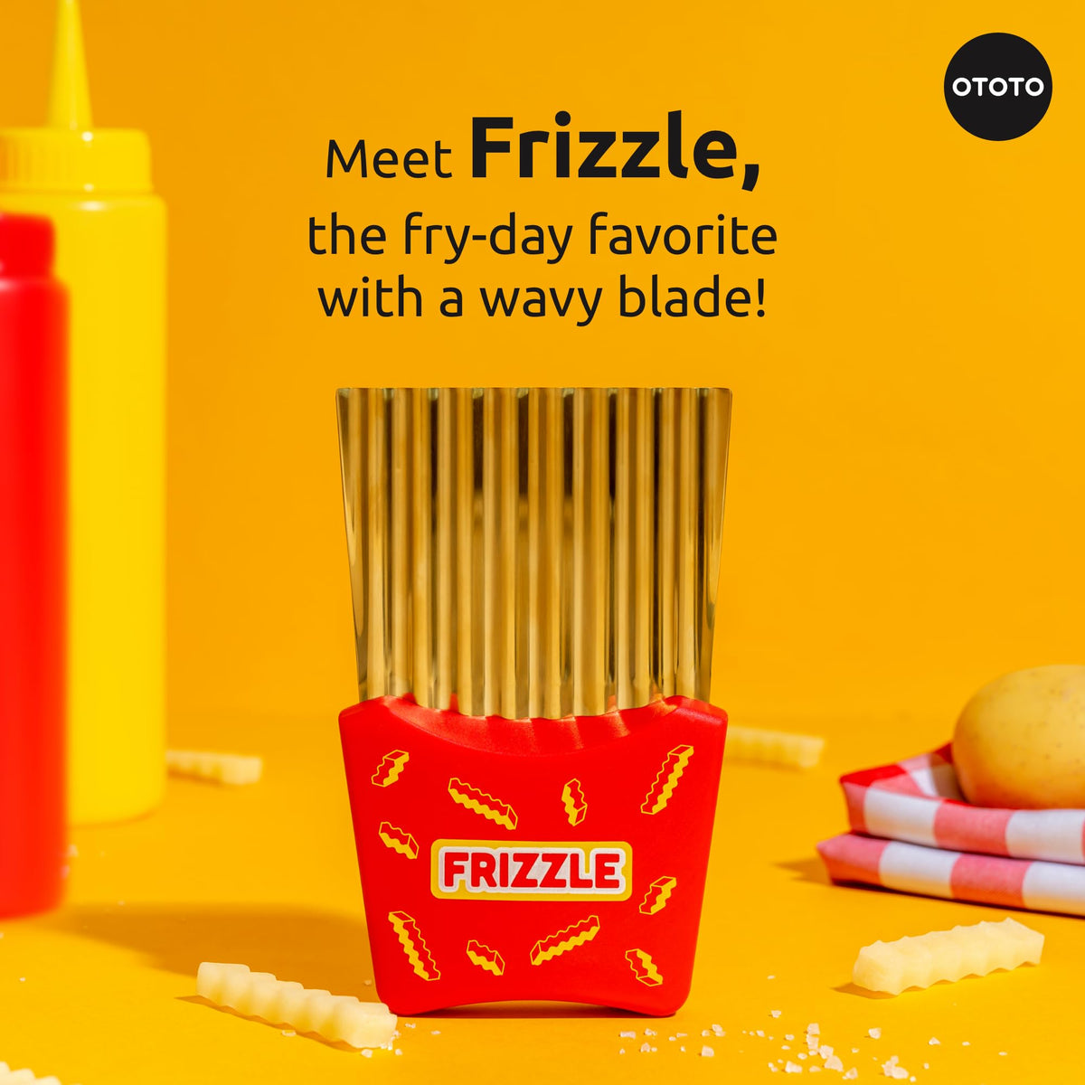 NEW - OTOTO Frizzle Crinkle Fry Cutter - Crinkle Cutter for Veggies, Waffles, Fries, Cool Kitchen Gadgets, Cute Kitchen Accessories, Funny, Unique Gifts, White Elephant Gifts, Quirky