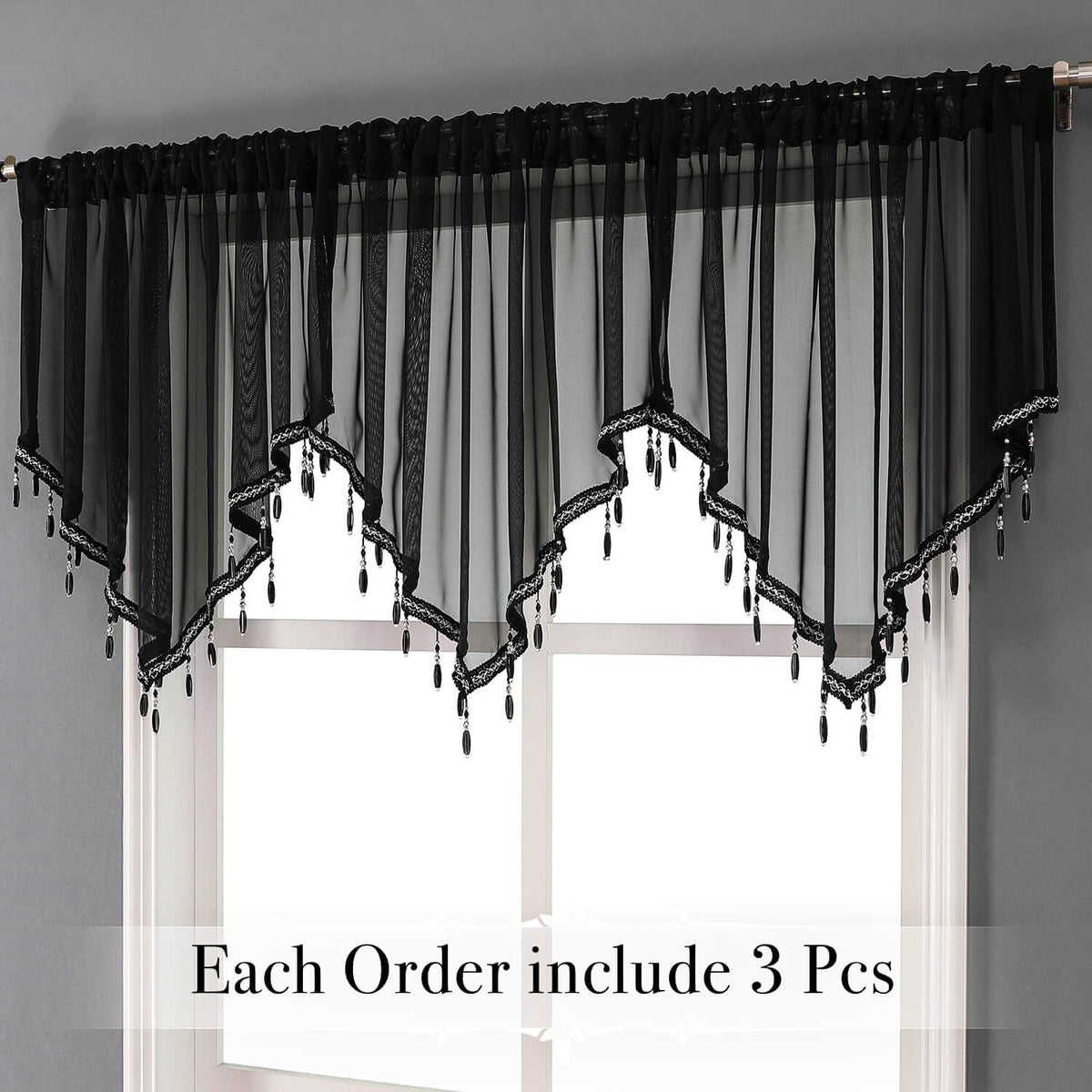WUBODTI Halloween Black Beaded Sheer Valance Curtains for Windows 3Pcs, Gothic Farmhouse Window Valance Beads Tassel Semi Sheer Curtain Valances for Bedroom Bathroom Kitchen, 51 x 24 Inch Length