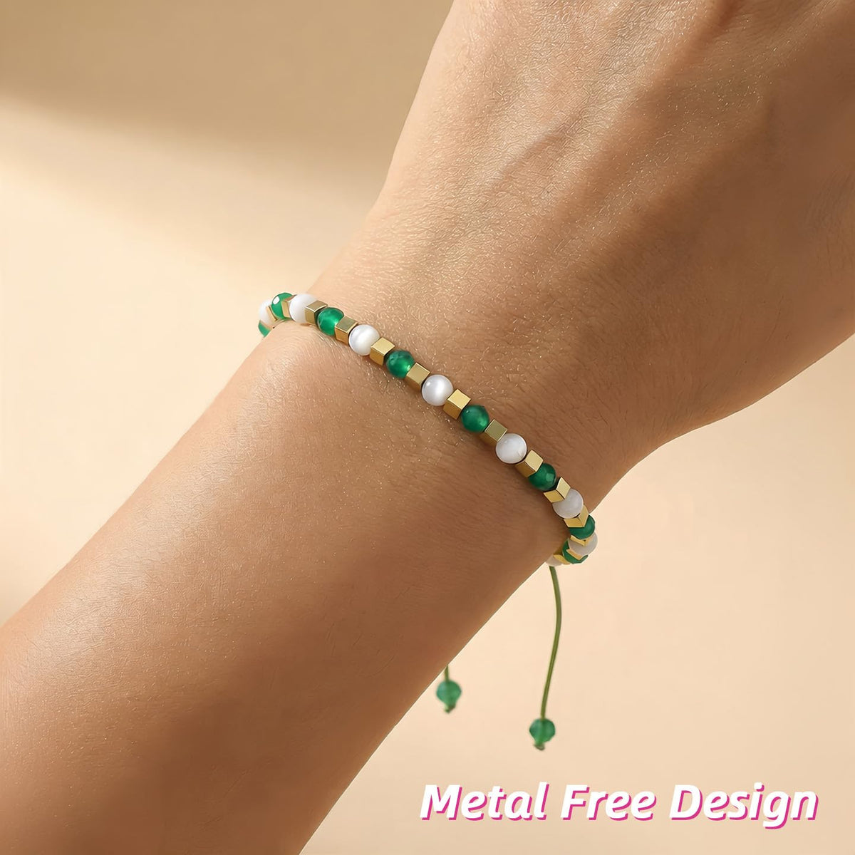 BEADSENER Green Agate Adjustable Charming Bracelet for Women, 3mm Natural Shell Gemstone Hematite Stone Beads, Pull String Slider Metal Free Design Waterproof, Gift for Her Daily Wear