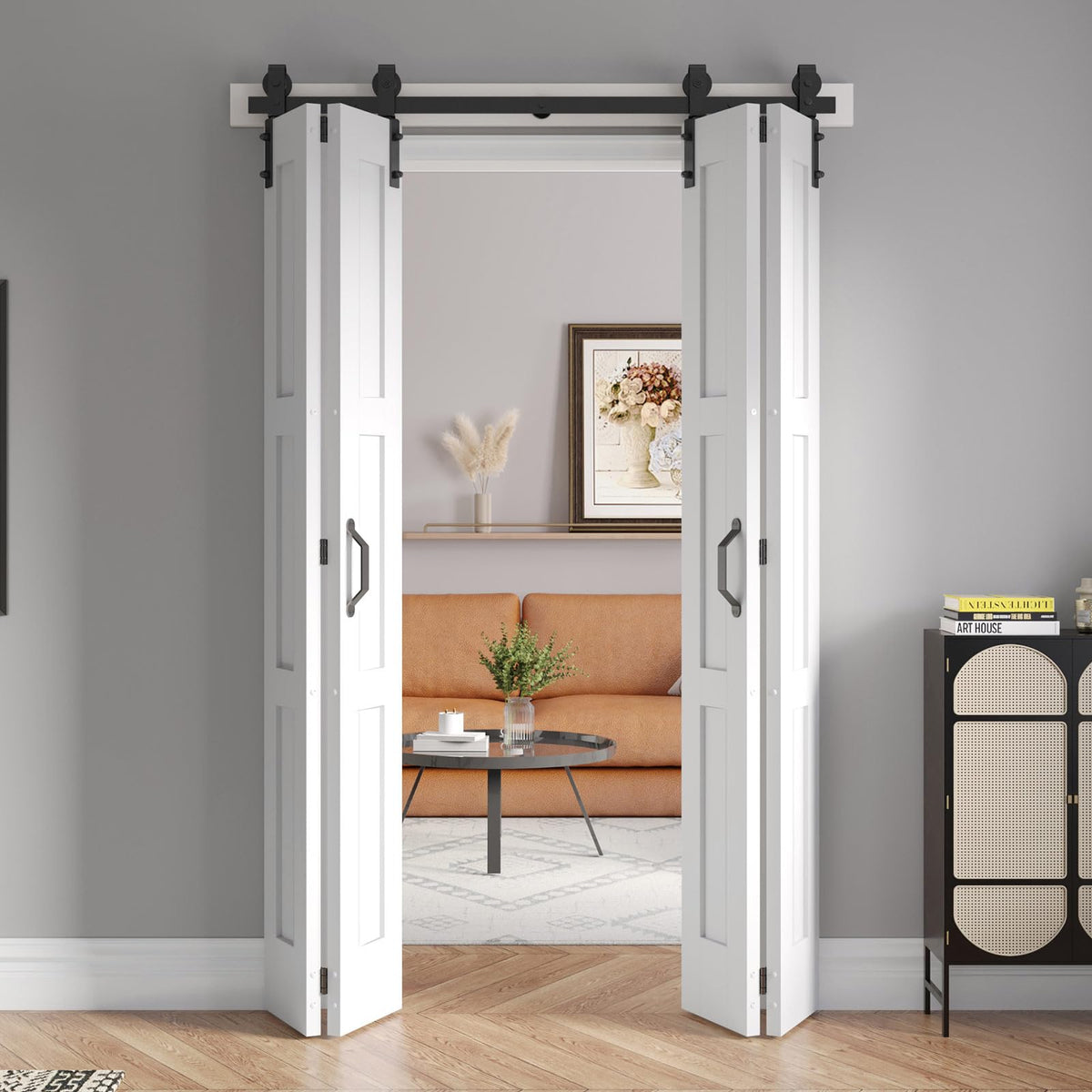 FREDBECK 48in X 84in (for 4 Doors 12x84) White Bi fold Barn Door Bifold Doors with 52" Hardware Track Kit Included,Solid MDF with Water-Proof PVC Surface for Closet,Assembly Required