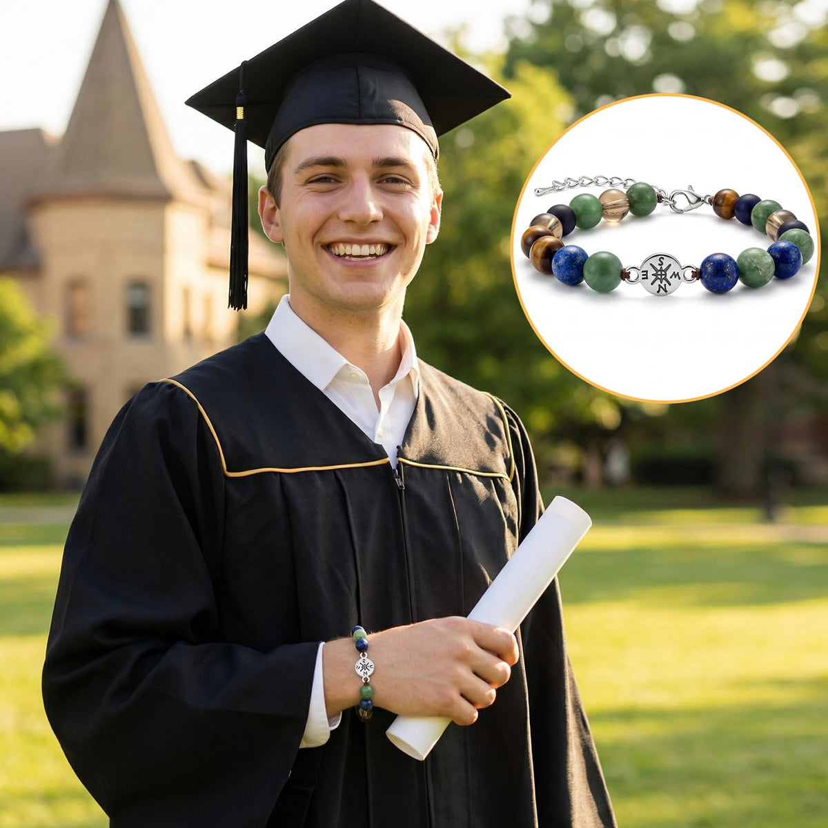 Graduation Bracelet Set 2026 for Him & Her, Natural stone Beaded Bracelet with 7 Chakra Stones or Matte Style, Compass Keychain, Card & Gift Box for High School College Grad (Minimalist Matte)