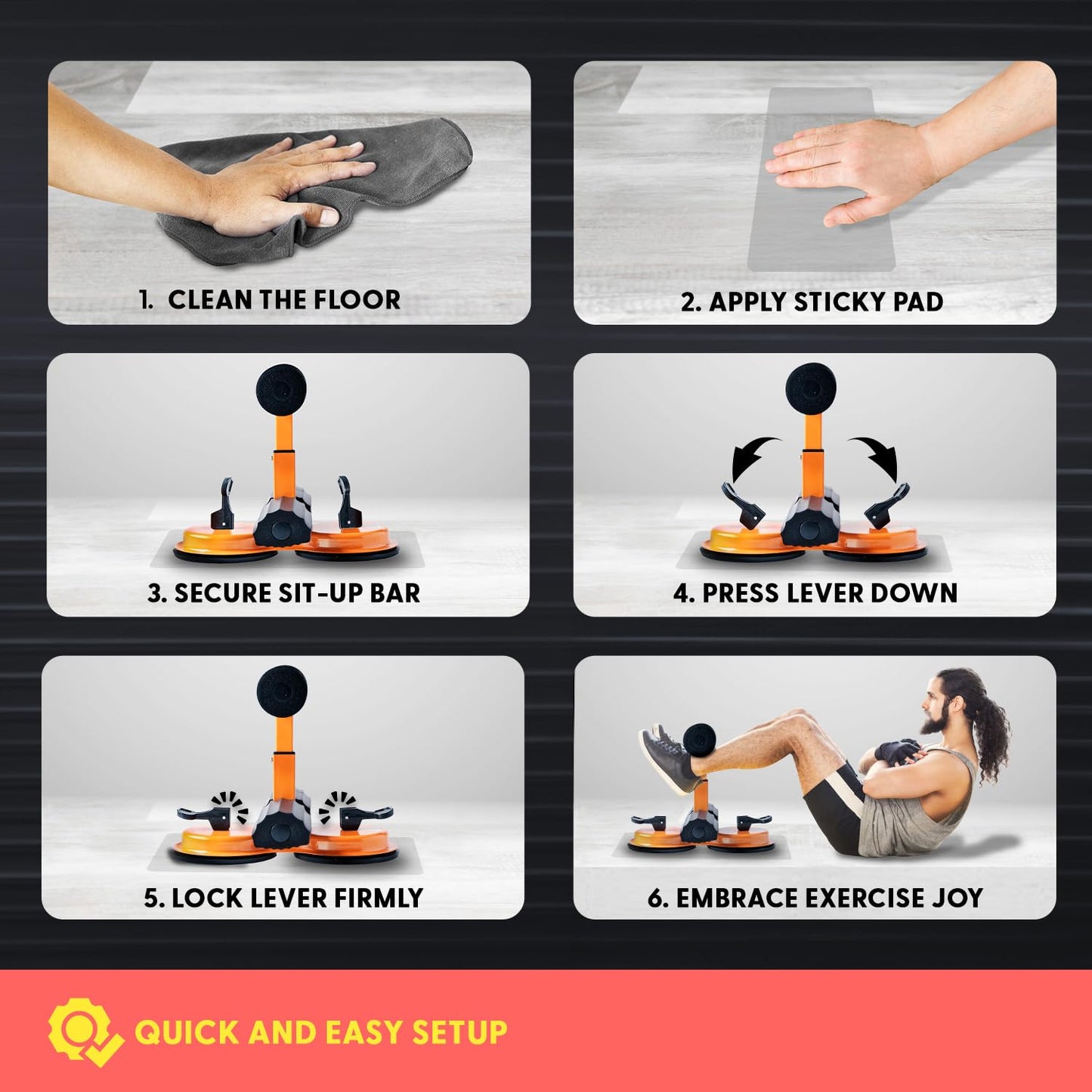 SQUATZ Portable Sit Up Bar Floor Holder with 2 Strong Suction Cups for Abs, Pull Up Bar, Sticky Pad, Adjustable Foot Holder for Thigh, Workout for Office Home Gym for Men and Women, Support 661 lbs