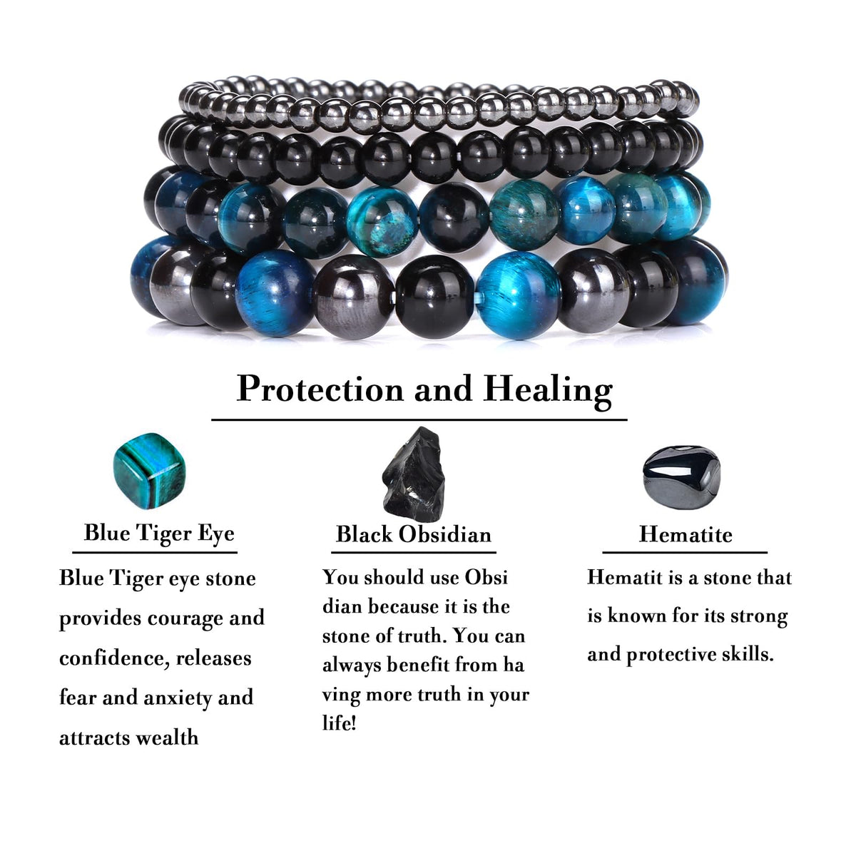 Vinswet 4pcs Natural Stone Beaded Bracelets for Women Men,Healing Crystal Gemstones Stretch Bracelet,4mm 6mm 8mm 10mm Blue Tiger Eye Black Obsidian Hematite Anxiety Stress Relief Bracelet Jewelry Gifts