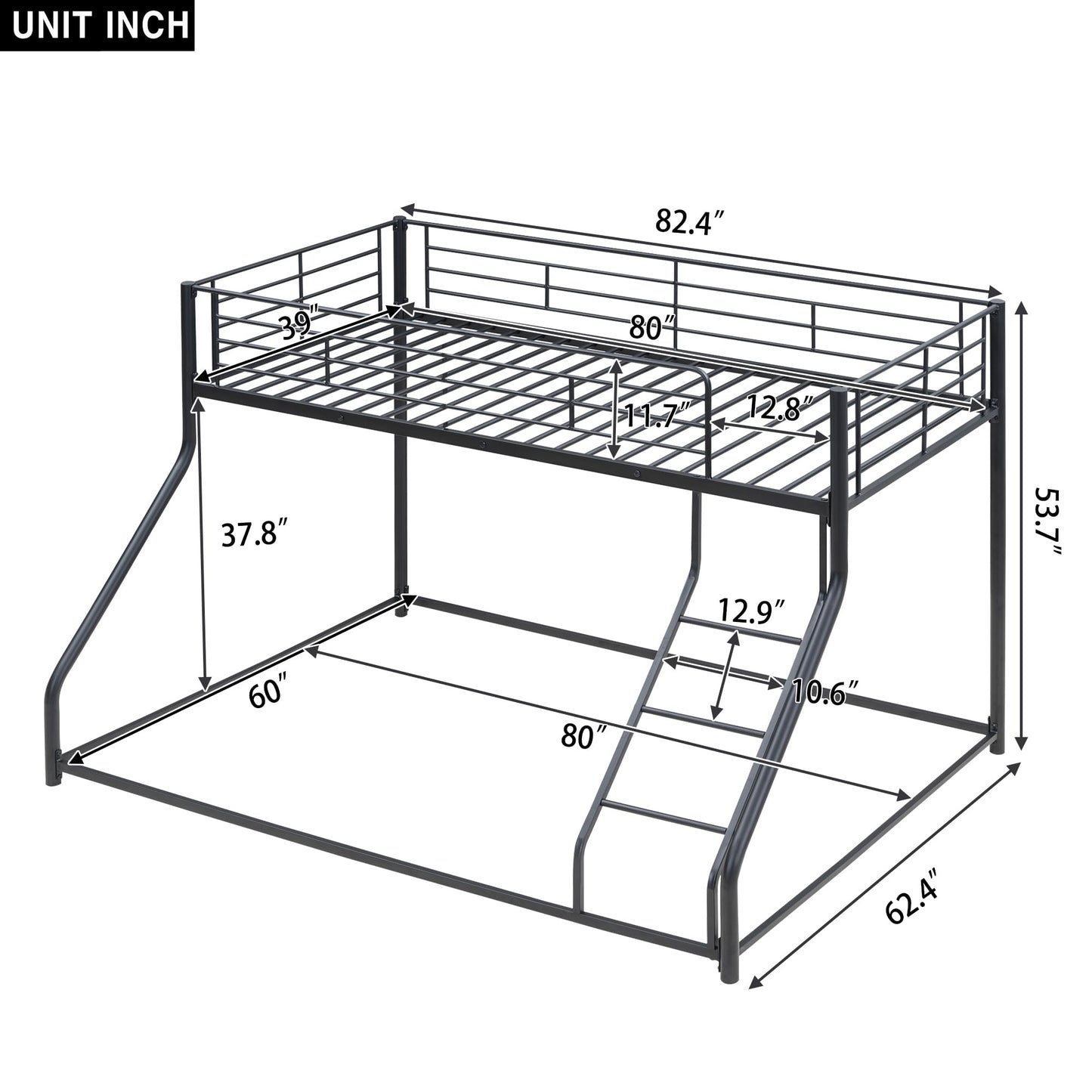 Merax Metal Floor Bunk Bed, Twin XL Over Queen, Black,82.4''L x 62.4''W x 53.7''H