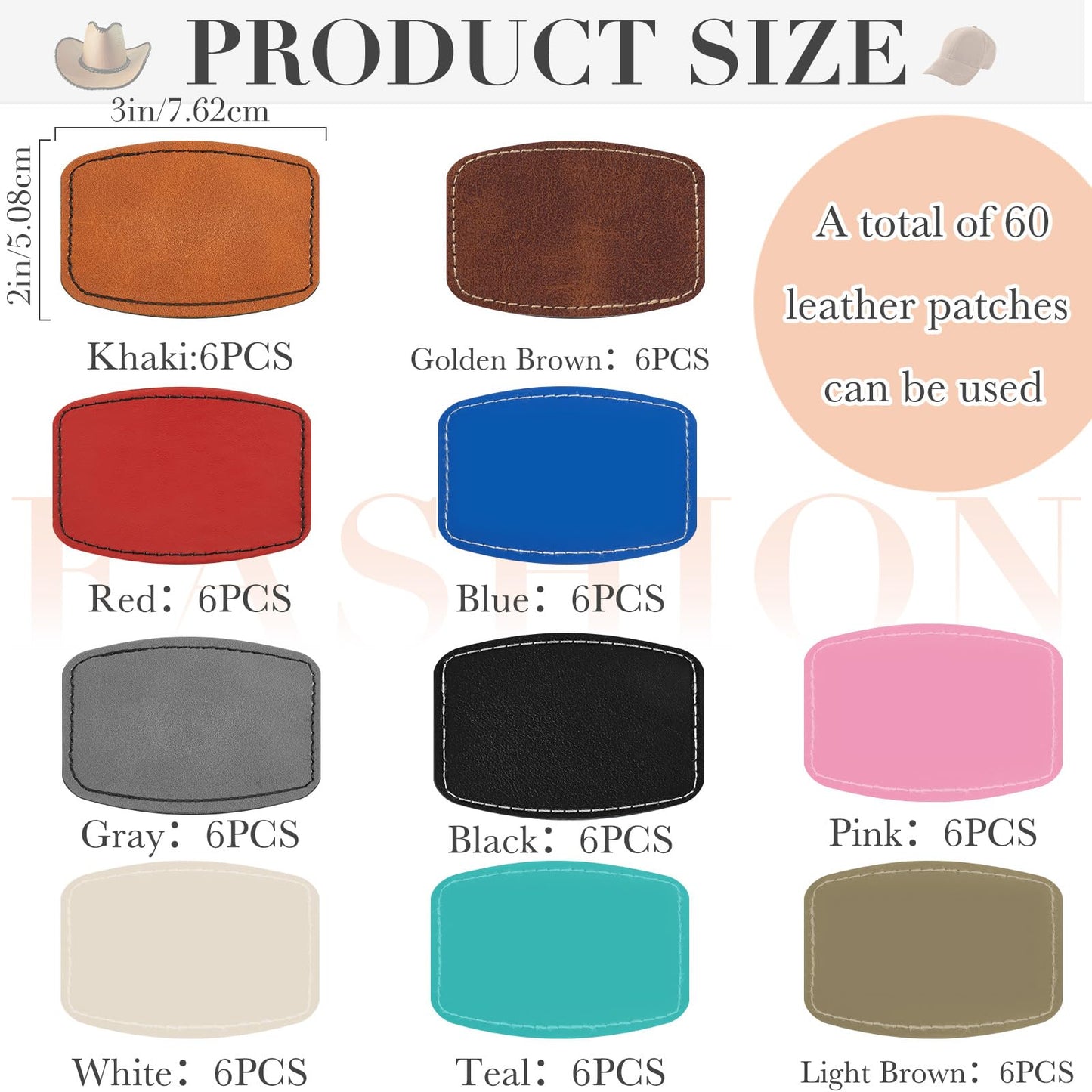 Dunzy 60 Pcs Blank Leatherette Hat Patches with Adhesive Rustic Rounded Rectangle Patch Faux Leather Patches for Hats Costumes Fabric Repair Sew Laser Supplies(Colorful,2x3inch)