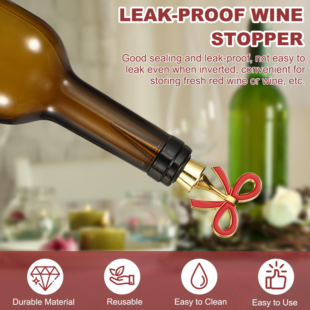 uxcell 2 Pcs Bow Wine Stopper, Reusable Wine Stoppers Airtight Leak-proof Bottle Plugs Liquor Saver Beer Beverage Glass Bottles Stopper for Bar Holiday Party Home Decor, Gold-Pink