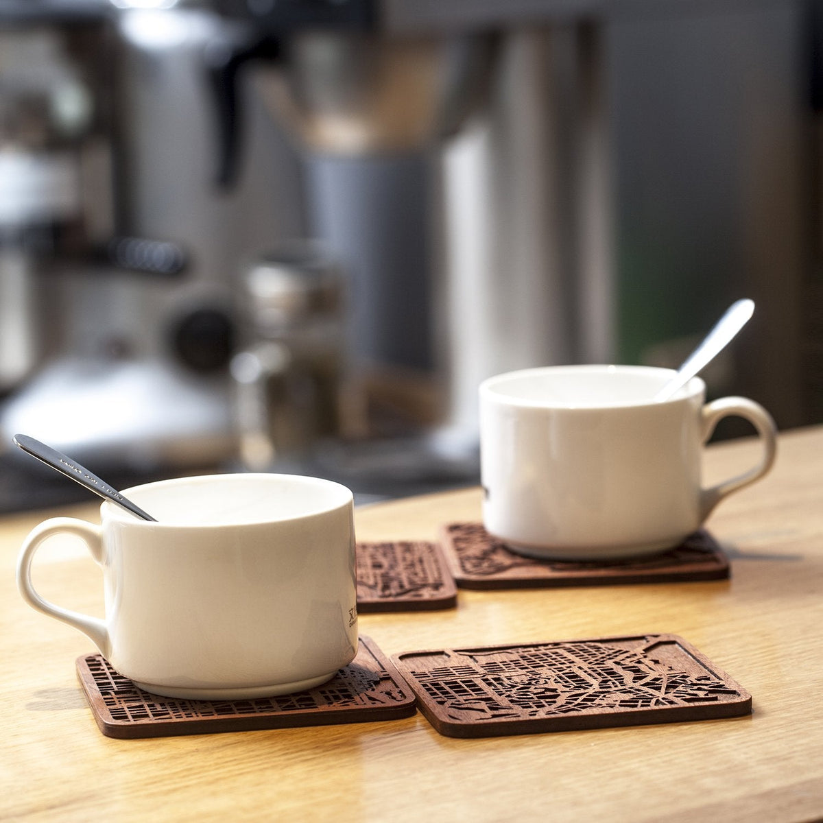 New Delhi Map Coaster by O3 Design Studio, Set Of 4, Sapele Wooden Coaster With City Map, Handmade