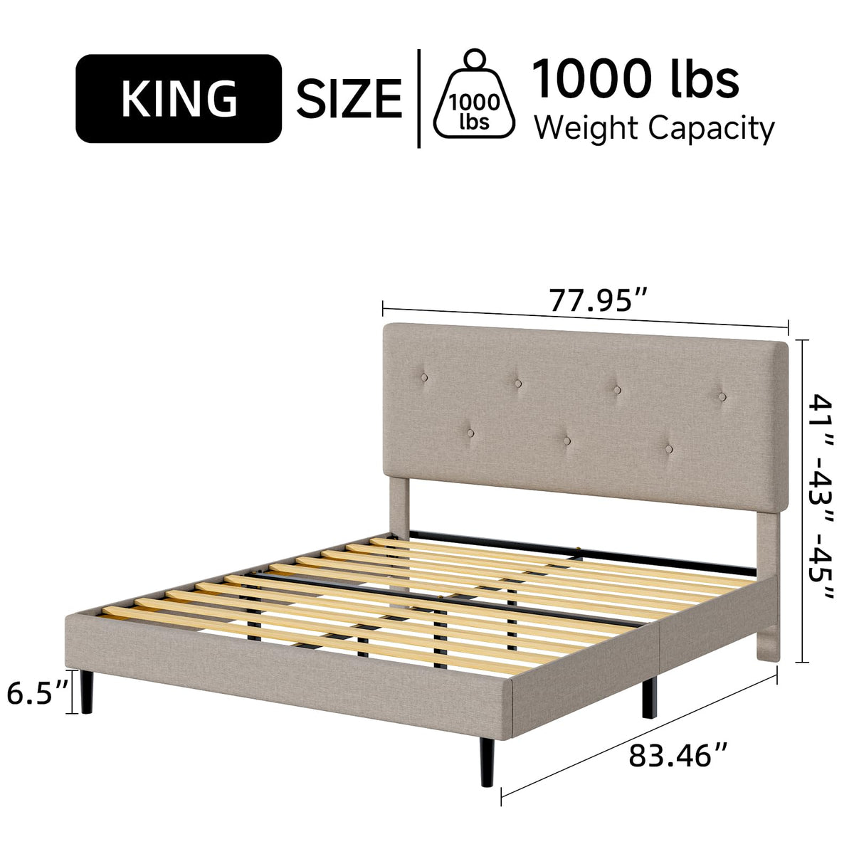 Mxhtcewz King Size Linen Bed Frame, Upholstered Platform Bed Frame with Adjustable Headboard, Wooden Slats Support, Easy Assembly, No Box Spring Needed, Beige