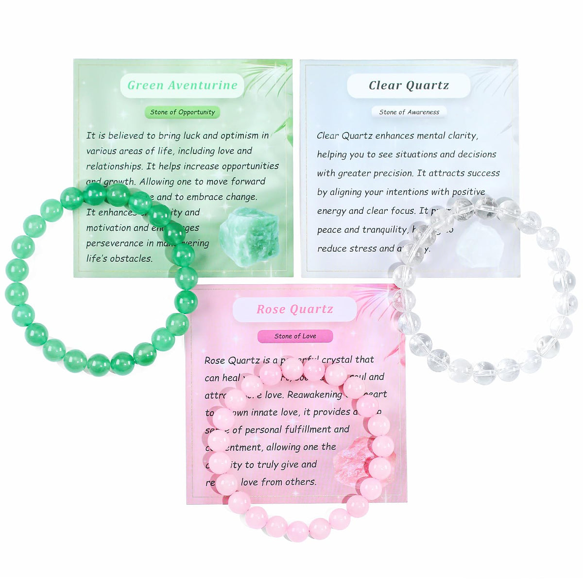 Set of 3pcs Natural Crystal Bead Bracelet for Women, Healing Stone Chakra Stretch Beaded Bracelets Anxiety Relief Bracelet Rose Clear Quartz Aventurine