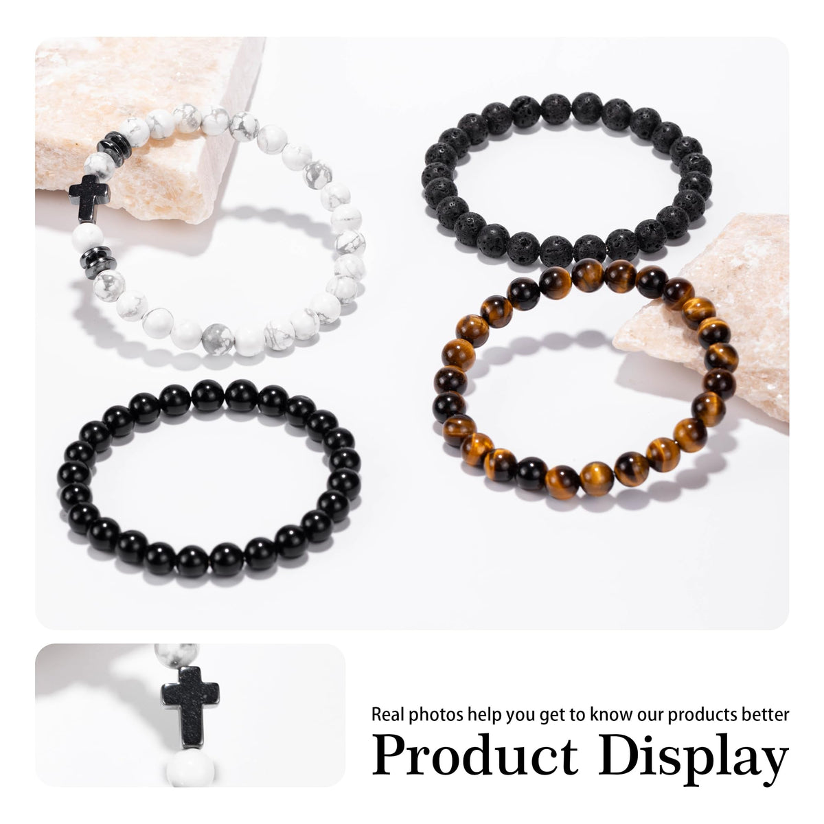 Crystery Men Beaded Bracelets, 8mm Natural Stone Bracelet, Healing Crystal, Jewelry Gifts for men, Triple Protection, Howlite, Tiger Eye, Black Obsidian Beads Bracelets, Lava Rock, Pack of 4