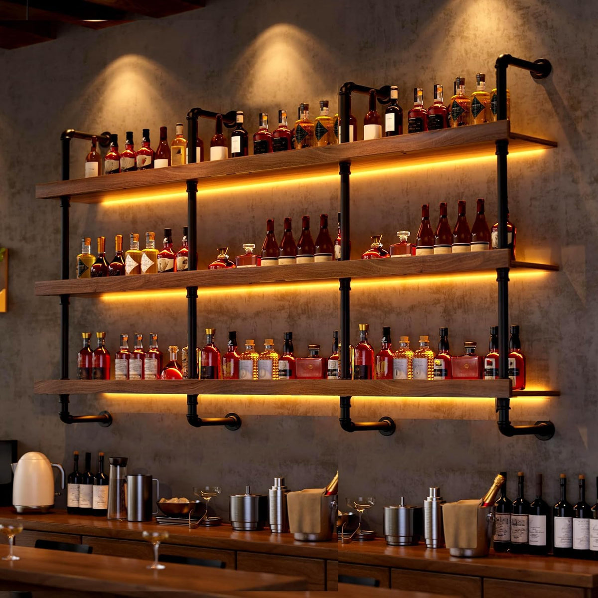 Dawselod 70.8in Large Wine Rack with LED Light Solid Wood Wall Mounted Wine Rack, 3-Tiers Liquor Bottles Floating Shelves Display Storage Organizer for Home Bar & Dining Room (180cm/70.8in)