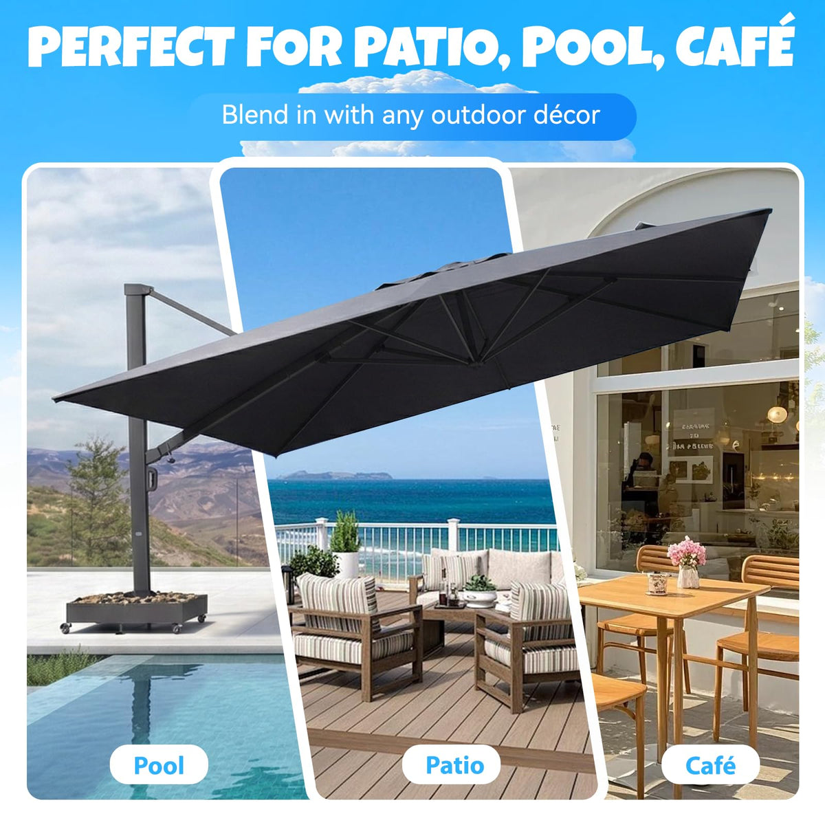 DRKSBESTO Cantilever Umbrella Base with Wheels, Heavy Duty Patio Umbrella Base Fillable with Stones, Large 37.79 Inch Square Base, Steel Frame Outdoor Stand for Offset Umbrellas