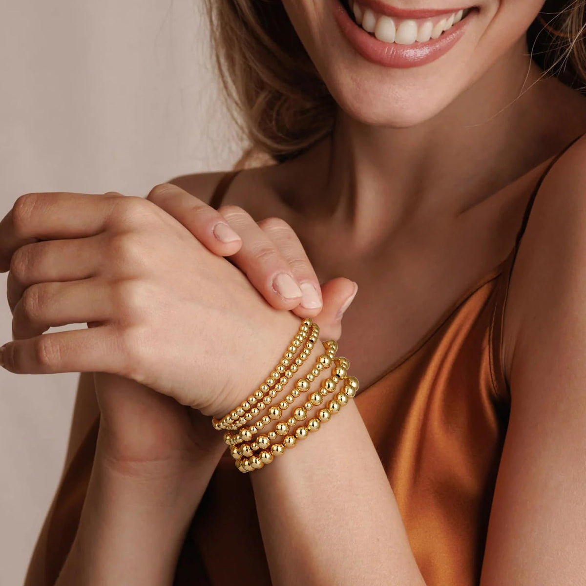 adoyi Gold Bracelets for Women, 14K Gold Plated Beaded Stretch Bracelet Strand Bead Ball Bracelets stack Set Trendy Adjustable Non Tarnish Jewelry Sets for Womens Gifts