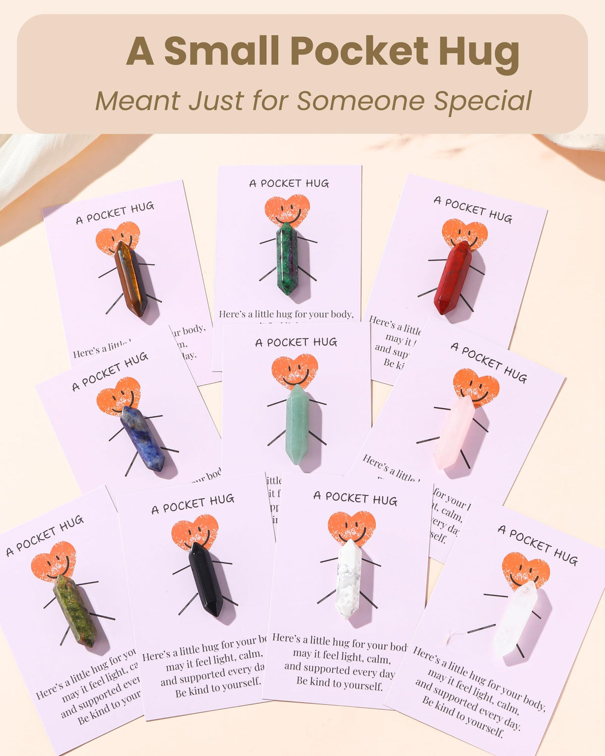 QianCannaor Pocket Hug Cards Bulk Crystal Stone Gift Set - 10Pcs Natural Wand-Shaped, Emotional & Inspirational Support, Encouragement, Bulk Valentines Day Gifts for Adults, Ladies, College Students, Friends - Thinking of You Anxiety Relief Keepsake (Wand