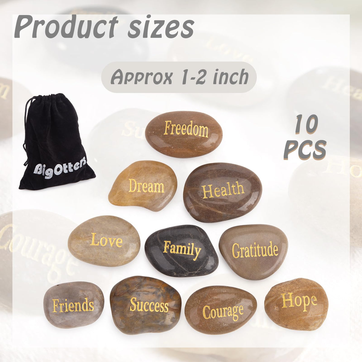 BigOtters Engraved Inspirational Stones, 10 Different Words Encouragement Amulets Gift Stones for Friends and Family as Meditation Decorations Birthday or Holiday Graduation Gift